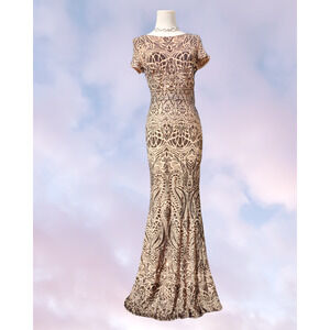 NWT Betsy Adam Long Maxi Formal Gold Shimmer Sequin Wedding Gown Modest Dress 8